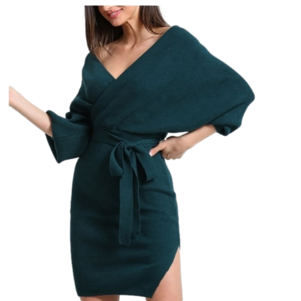 3/4 Sleeve Wrap Sweater Dress - Picture 2 of 5